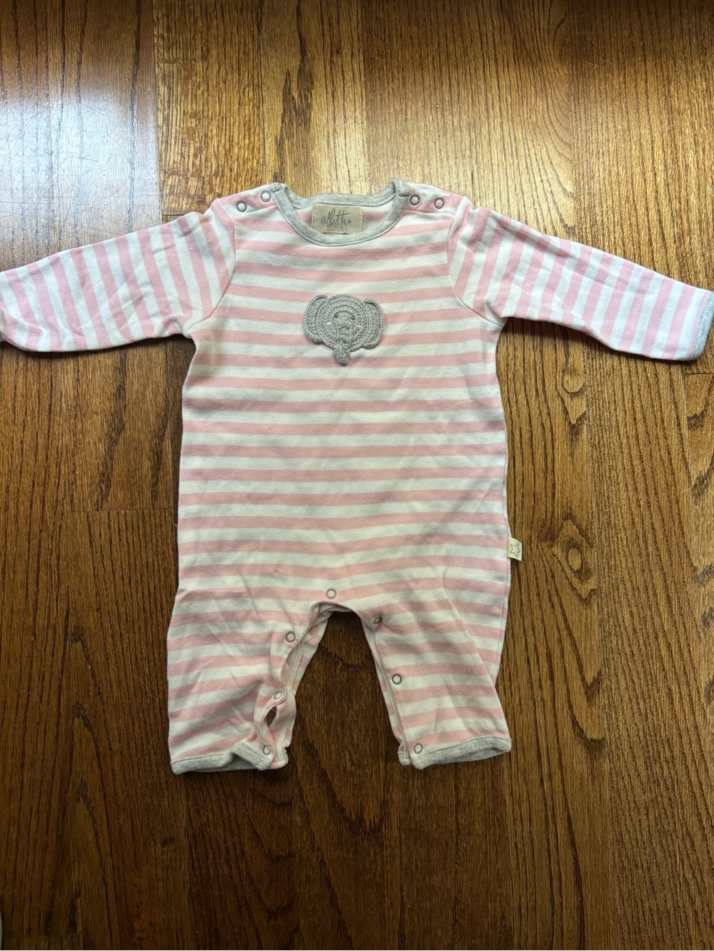 NWOT Albetta Crochet Elephant Pink Stripe Babygro Romper, size 3-6 months